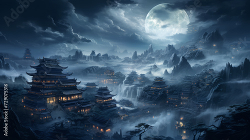 Mystical Ancient City Under Full Moon in Foggy Landscape