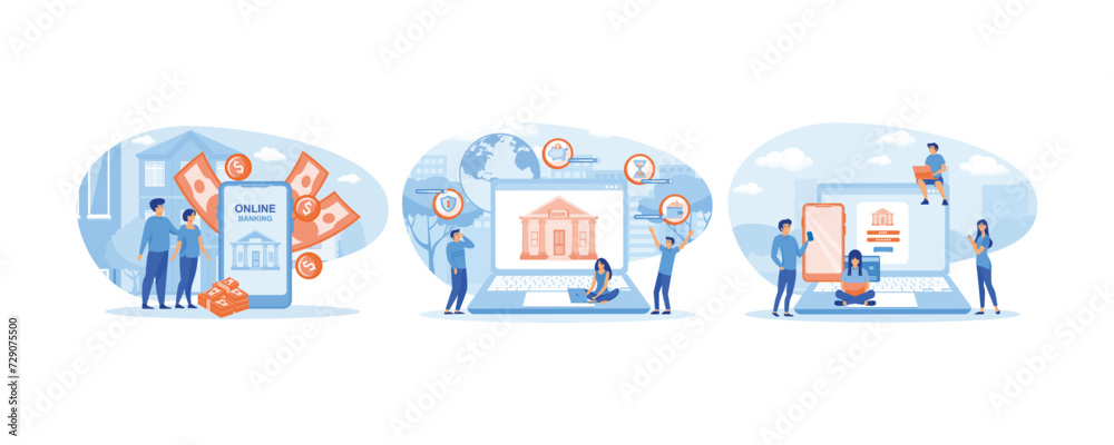 Bank Mobile Application for Family Budget. Online Internet banking. People using laptop and mobile smart phone. set flat vector modern illustration 