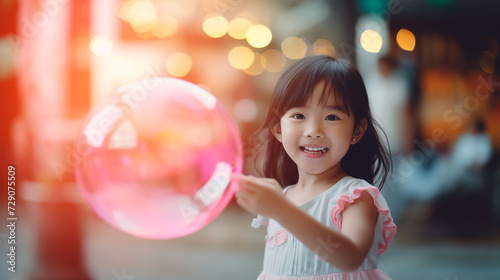 Happy little asian girl holding pink balloon in left hand