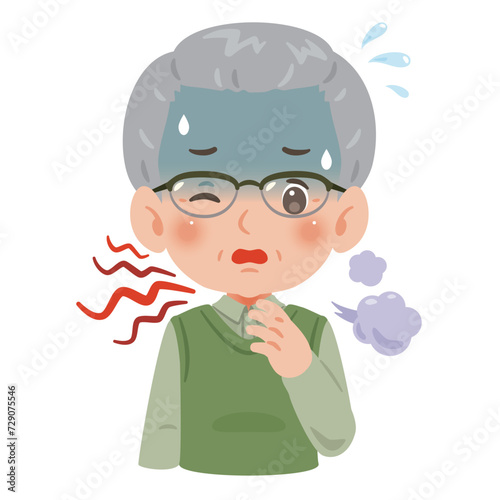 喉が痛くて咳き込むシニア男性