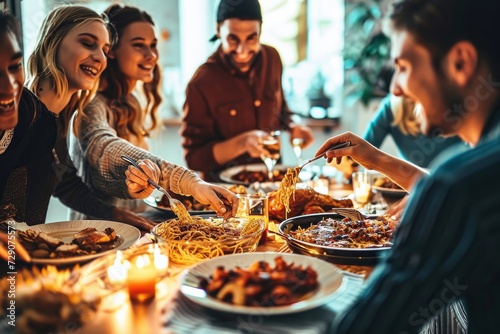 Happy group of friends eating pasta at home dinner party. Cheerful young people having lunch break together. Life style concept with guys and girls celebrating thanksgiving. Bright, Generative AI photo