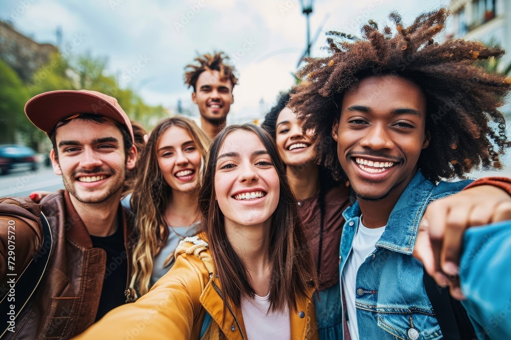 Multiracial group of friends taking selfie pic outside - Happy different young people having fun walking in city center - Youth lifestyle concept with, Generative AI