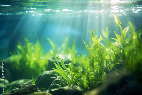 Underwater serenity: Sunlight filtering through ocean aquatic plants