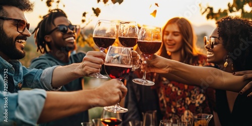 Young people toasting red wine glasses at farm house vineyard countryside - Happy friends enjoying happy hour at winery bar restaurant - Guys and girls having rooftop house party, Generative AI