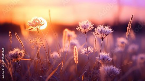 Serene sunset over a wildflower meadow with vibrant colors