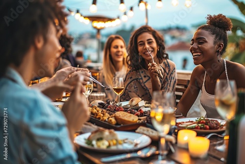 Multiethnic friends having fun at rooftop bbq dinner party - Group of young people diner together sitting at restaurant table - Cheerful multiracial teens eating food and drinking wine, Generative AI
