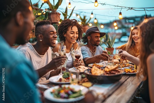 Multiethnic friends having fun at rooftop bbq dinner party - Group of young people diner together sitting at restaurant table - Cheerful multiracial teens eating food and drinking wine, Generative AI