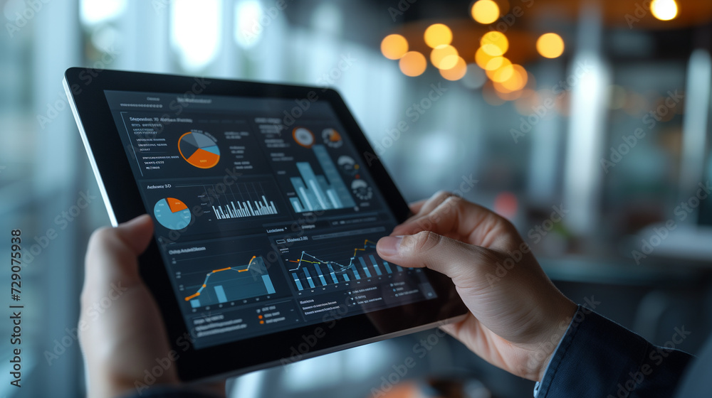 A close-up of a hand holding a tablet with an interactive data dashboard, intricate graphs and statistics, A close-up of a hand holding a tablet with an interactive data dashboard, intricate graphs and statistics,