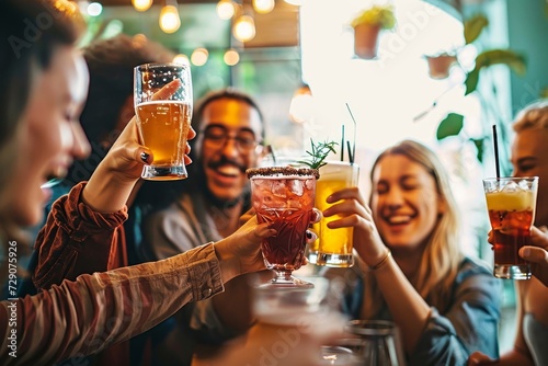 Multiracial friends celebrating party drinking cocktails at bar restaurant - Young people having fun hanging out on weekend day - Life style concept with guys and girls enjoying time  Generative AI