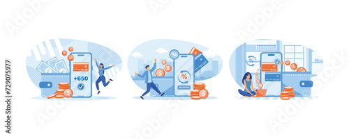 Cash back and bonus card. Happy man getting discount points and prizes. Woman paying online and receiving bonus money or reward back on credit card. set flat vector modern illustration 