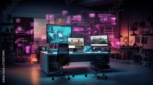 A modern office interior bathed in neon light, featuring advanced holographic projections around a computer workstation.