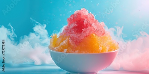 Colorful fruit flavored shaved ice summer treat on colorful background photo