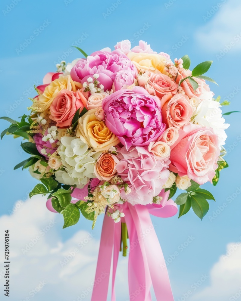 A colorful bouquet of fresh mixed flowers against a blue sky background with ribbons A colorful bouquet of fresh mixed flowers against a blue sky background with ribbons