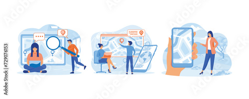 GPS navigation concept. Navigate mapping technology. Geo fencing as map area boundary for marketing action tiny person. set flat vector modern illustration