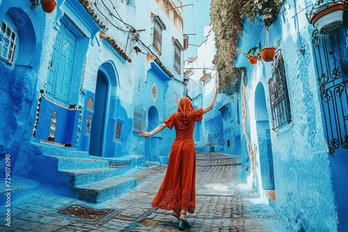 Young woman with red dress visiting the blue city Chefchaouen, Marocco - Happy tourist walking in Moroccan city street - Travel and vacation lifestyle, Generative AI © Pixel Nirvana