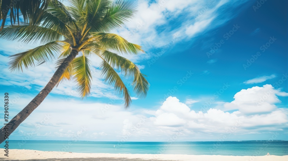 Palm tree on tropical beach with blue sky