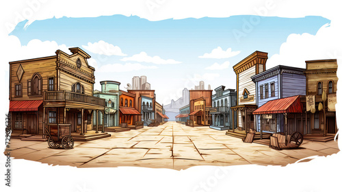 Vintage western town illustration with old buildings and a clear sky