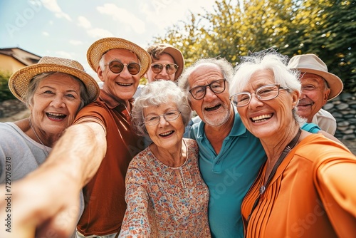 Happy group of senior people smiling at camera outdoors - Older friends taking selfie pic with smart mobile phone device - Life style concept with pensioners having fun together on summer,GenerativeAI photo
