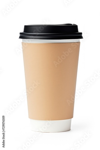 Paper coffee cup with black lid on a white background