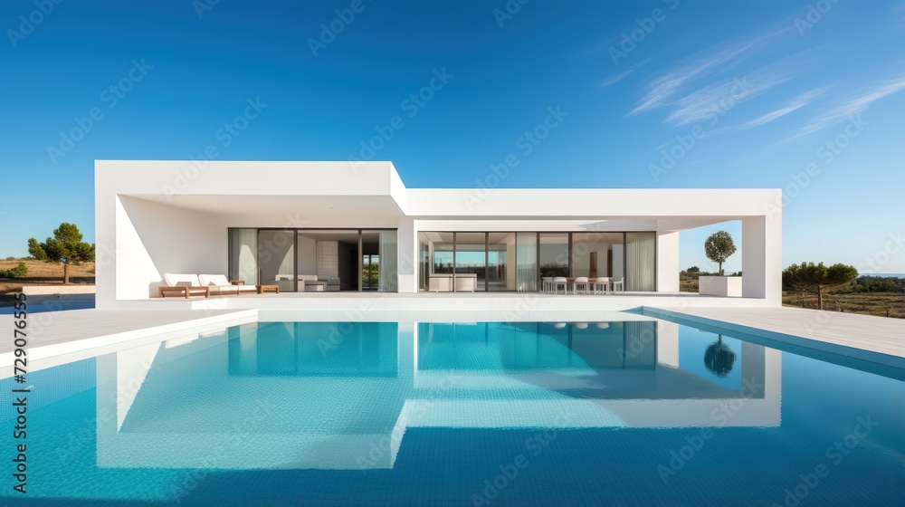 Fototapeta premium Exterior of a modern minimalist cubic villa with a swimming pool