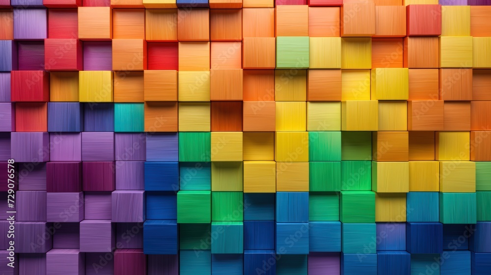Rainbow-colored 3D wooden square cubes create a textured wall background. Rainbow-colored 3D wooden square cubes create a textured wall background.