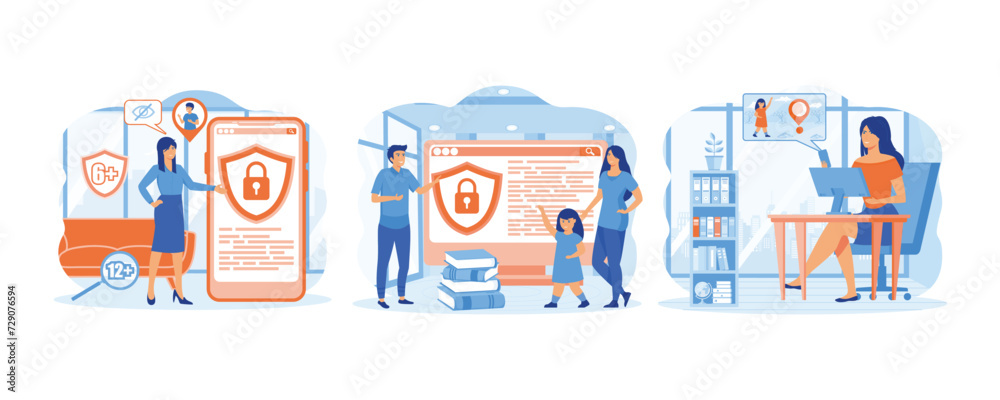 Parental control software. Dad and mom block prohibited or inappropriate content on social media. Parental control app. set flat vector modern illustration 