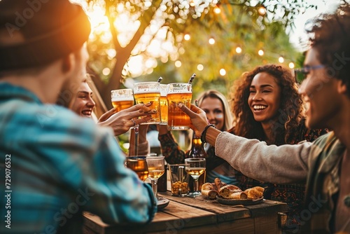 Group of multi ethnic friends having backyard dinner party together - Diverse young people sitting at bar table toasting beer glasses in brewery pub garden - Happy hour, lunch break, Generative AI