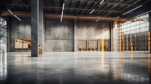 The concrete floor inside an industrial building sets the background for the industrial setting.