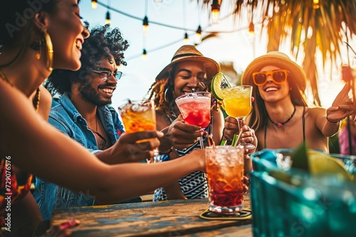 Multiracial happy friends toasting cocktail glasses outdoors at summer vacation - Smiling young people drinking alcohol together sitting at bar table - Beverage life style, Generative AI © Pixel Nirvana