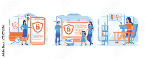 Parental control software. Dad and mom block prohibited or inappropriate content on social media. Parental control app. set flat vector modern illustration 