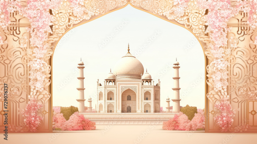 Ornate archway with view of taj mahal and blossoming cherry trees - obrazy, fototapety, plakaty 