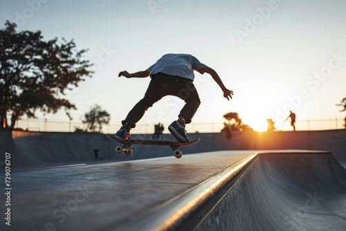Skater doing kickflip on the ramp at skate park - Stylish skaterboy training outside - Extreme sport life style concept, Generative AI photo