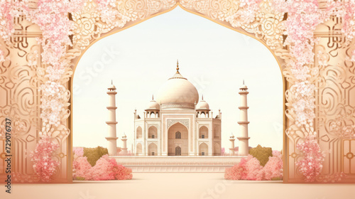 Ornate archway with view of taj mahal and blossoming cherry trees