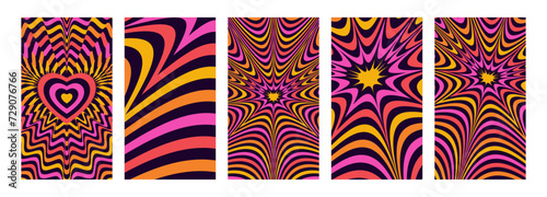 Set of hypnotic explosion tunnel story templates. Trendy groovy style bright anime manga comic explosive backgrounds. Mobile screen psychedelic 70s cartoon banners. Cute retro abstract y2k backdrops