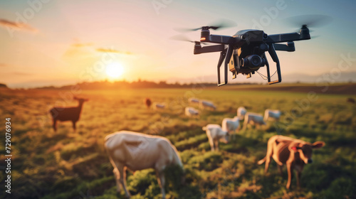Farmer with drone inspects cows at a dairy farm. Herd management concept. Smart farming concept. Future Farming Technology. Digital Farm Management. AI-powered Farming Systems. photo