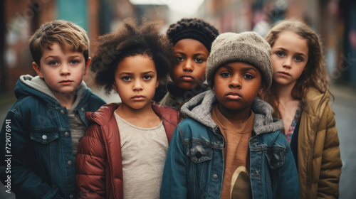 Diverse group of serious children standing together outdoors photo