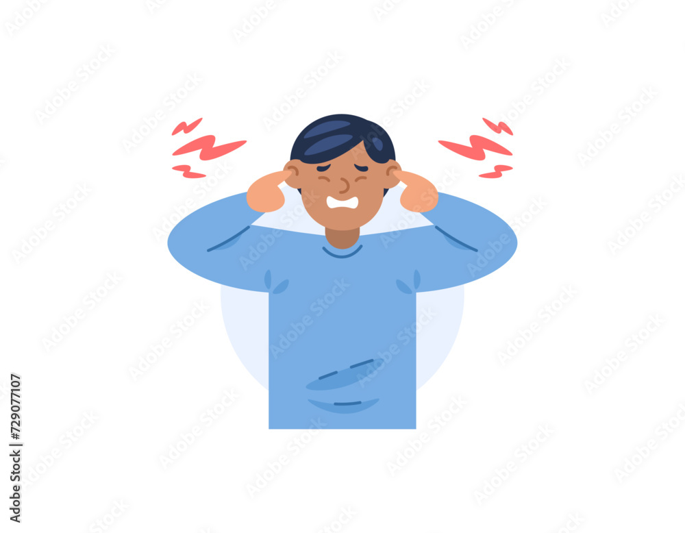 Misophonia. A man covers his ears so he doesn't hear the noise. uncomfortable and disturbed by loud and annoying sounds. Noise pollution. cartoon illustration design. graphic elements. Vector