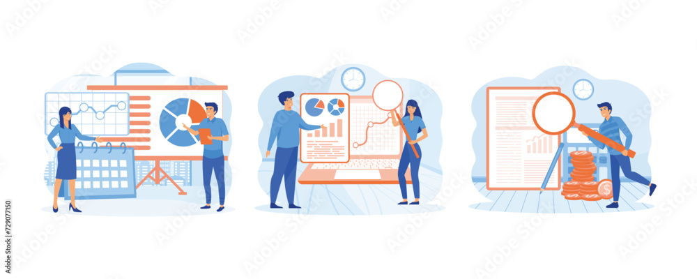 Audit concept. Man and woman analyzing Business operation using magnifying glass. Men study the financial statement. Set flat vector modern illustration Audit concept. Man and woman analyzing Business operation using magnifying glass. Men study the financial statement. Set flat vector modern illustration