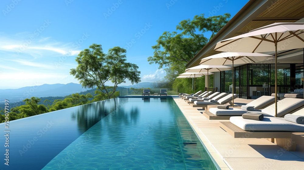 Luxurious pool deck with loungers umbrellas