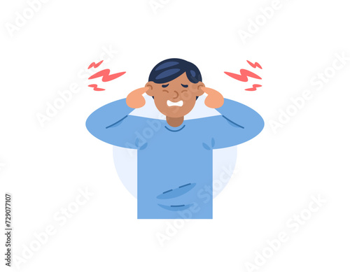 Misophonia. A man covers his ears so he doesn't hear the noise. uncomfortable and disturbed by loud and annoying sounds. Noise pollution. cartoon illustration design. graphic elements. Vector