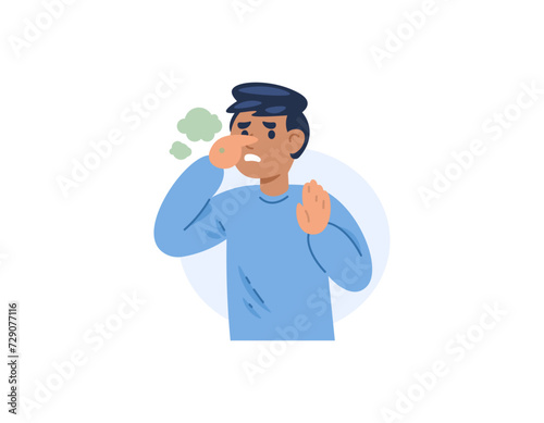 A man pinches and covers his nose because he smells an unpleasant smell. uncomfortable and disturbed by unpleasant odors. air pollution and environmental pollution. cartoon illustration design