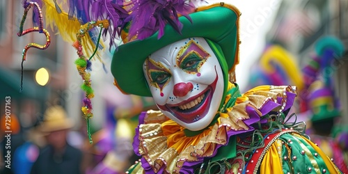 Mardi Gras jester with traditional purple, green, and gold