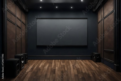 A cinematic shot of an empty solid wall mockup in a home theater  offering a customizable backdrop for movie-themed graphics or quotes.