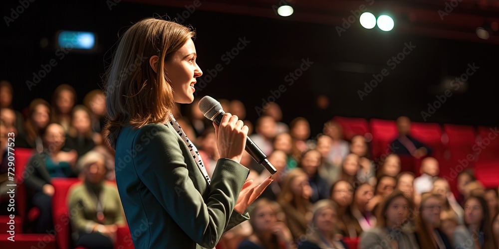 Female motivational speaker giving speech on stage during business conference. - obrazy, fototapety, plakaty 