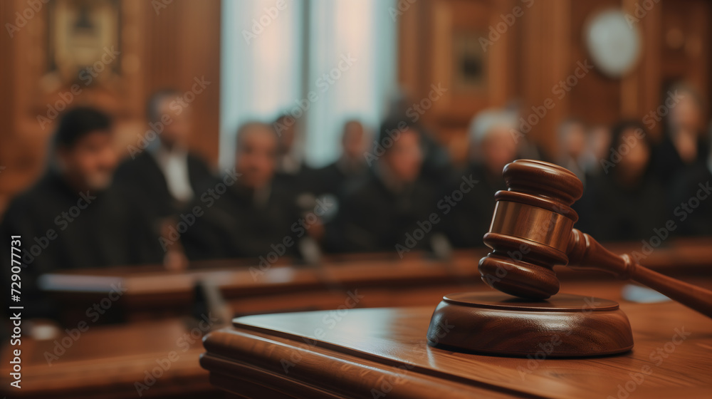 close-up photograph of a judge's gavel, foregrounded against the soft, out-of-focus silhouettes of people seated in a courtroom - obrazy, fototapety, plakaty 