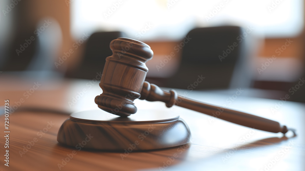 A crisp close-up photograph of a judge's gavel, perfectly focused on its polished wooden surface, lying on a sleek, modern desk A crisp close-up photograph of a judge's gavel, perfectly focused on its polished wooden surface, lying on a sleek, modern desk
