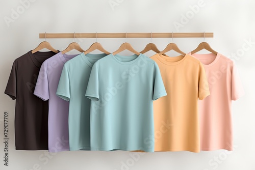 Rack with clean Pastel colored plain t shirts hang on hanger