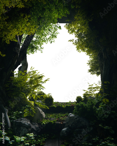 Overgrown abandoned building entrance portal frame. 3d rendering of abstract exterior architecture.