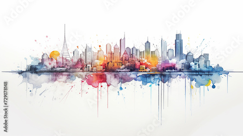 multicolored spectrum silhouette of the city, watercolor illustration on a white background, cityline liquid paint, isolated print
