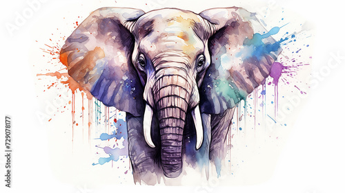 elephant watercolor portrait, multicolored paints on a white background photo